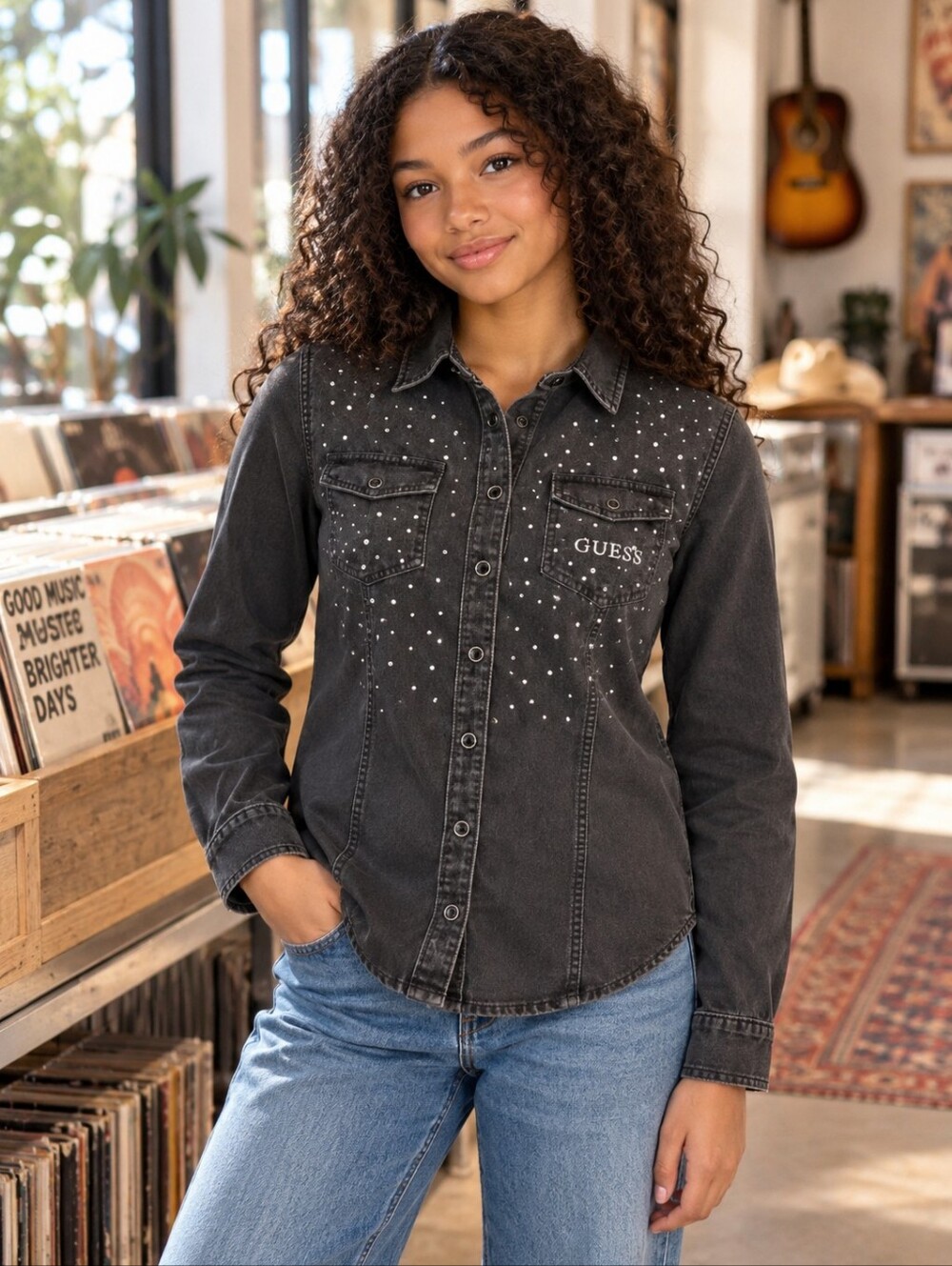 GUESS Girls 16 NWT Black Rhinestone Denim Snap Shirt Western